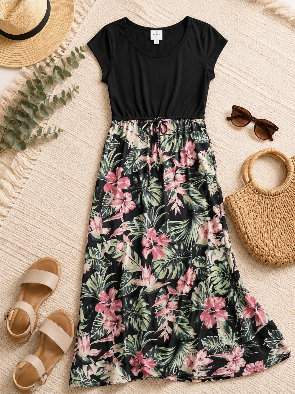 Serra Black Top Pink Floral Maxi Dress
